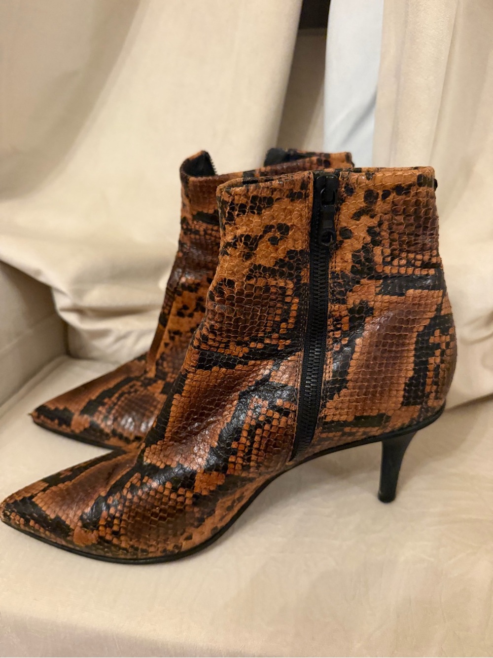 rag & bone Brown Beha Moto Snakeskin Pointed-Toe Heel Ankle Boots